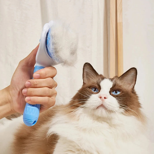 Pet Grooming Brush with Bristle Retraction Button Design